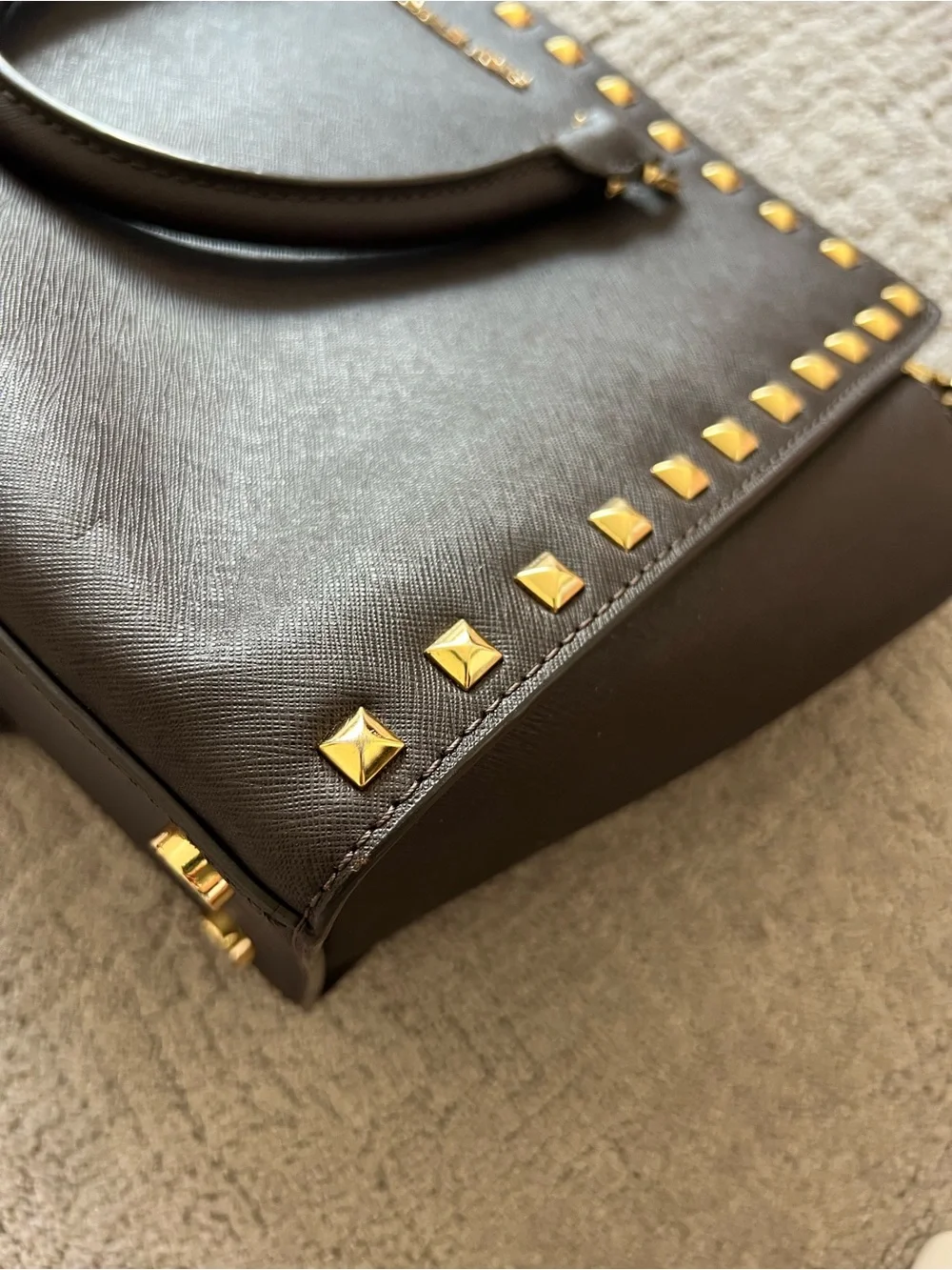 Michael Kors Dark Brown Saffiano Studded Tote with Gold Hardware